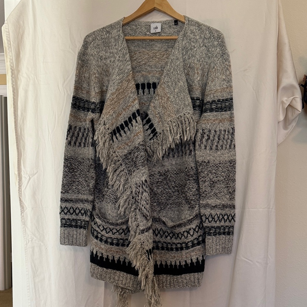 CAbi Gray and Black Patterned Cardigan with Fringe